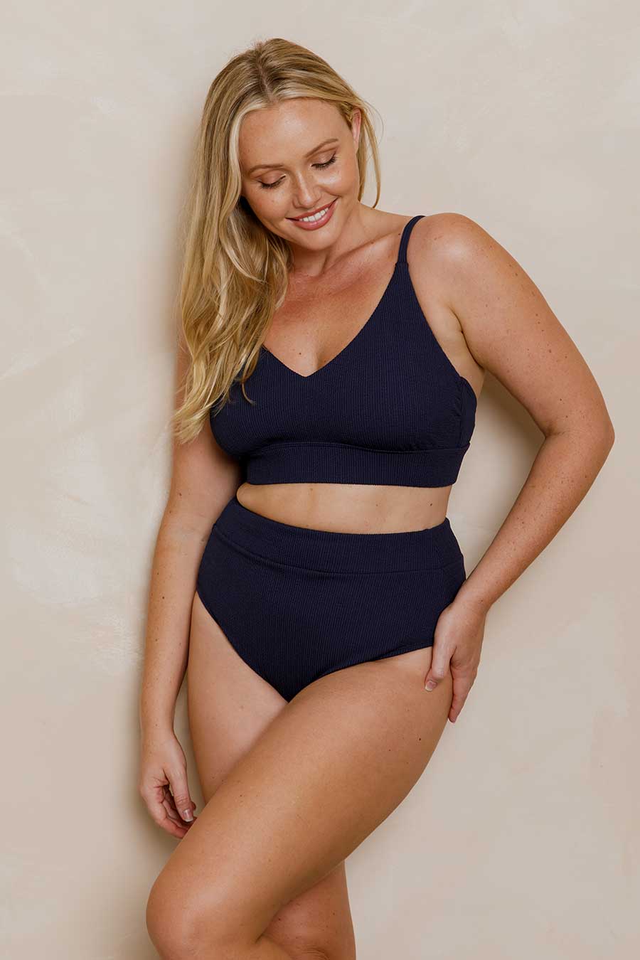Byron High Waisted Bikini Bottom - Navy Texture - Image 3
